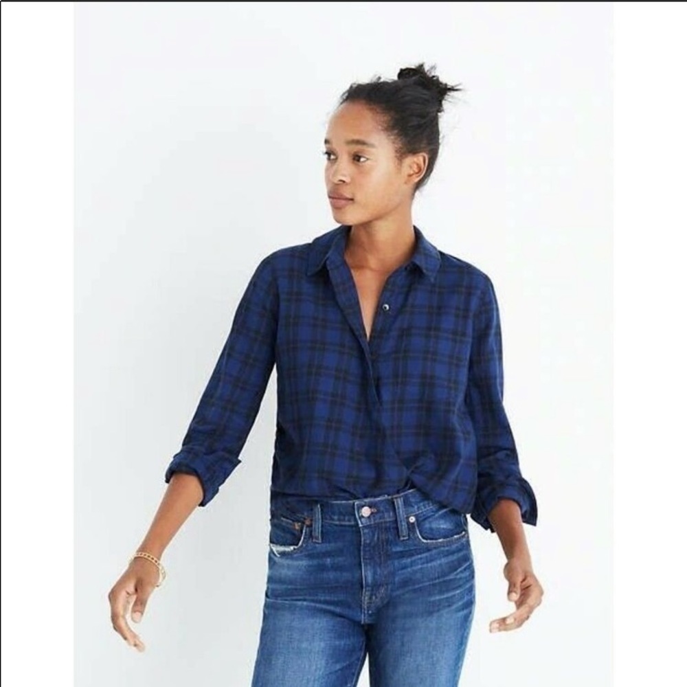 Madewell Blue Plaid Wrap Front Crossover Shirt XS
